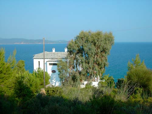 over the Aegean sea to the Island of Skiathos